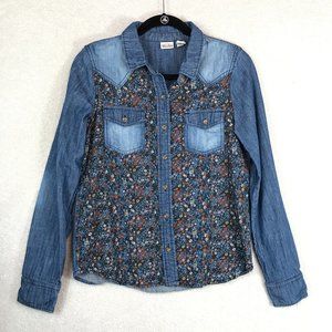 Mudd Denim Button Up Shirt Womens Juniors Medium Blue Western Style Floral Front